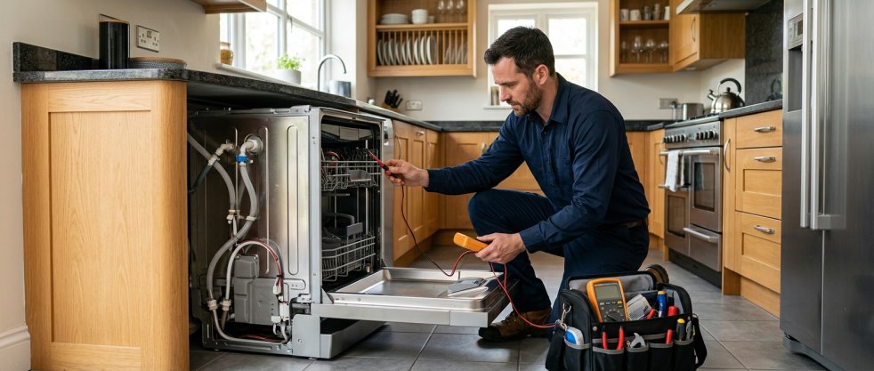 Technician testing an open dishwasher with a multimeter in a modern kitchen during appliance repair