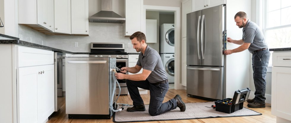 Technicians installing dishwasher and leveling refrigerator in a modern kitchen