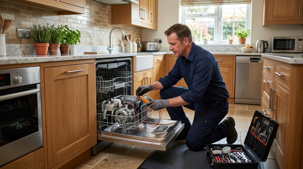 Technician repairing an open dishwasher with a multimeter in a modern home kitchen