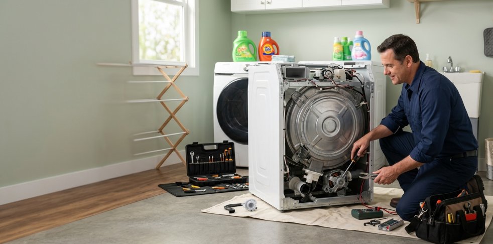 Technician repairing a front-load washing machine in a laundry room with tools and detergent nearby